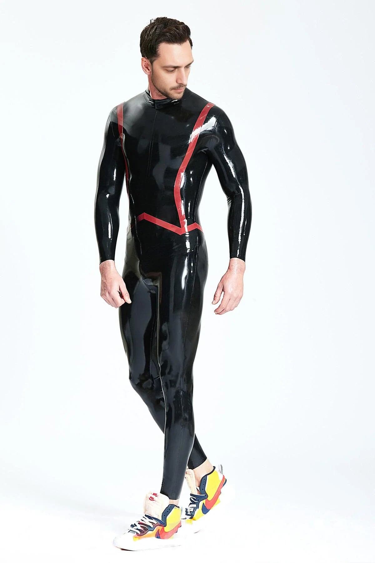 Latex Men’s Catsuit with Fishtail Stripe Detail – Black and Red