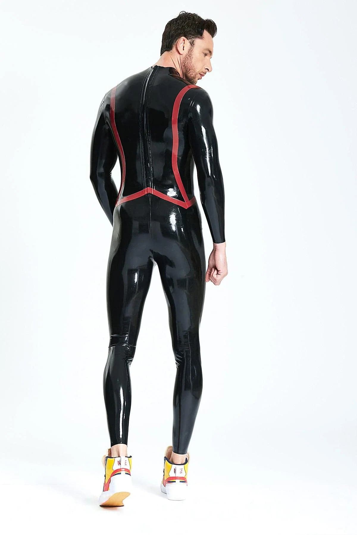 Latex Men’s Catsuit with Fishtail Stripe Detail – Black and Red