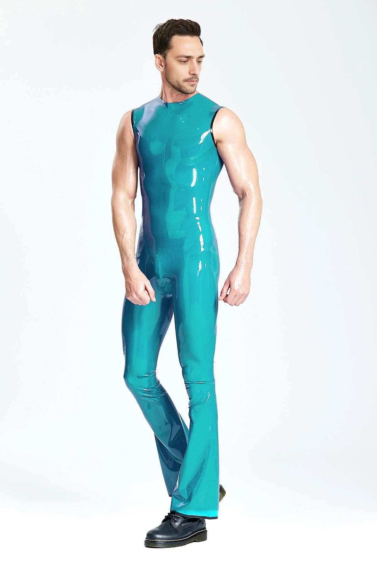 Latex Men’s 70s-Style Flared Jumpsuit – Turquoise and Black