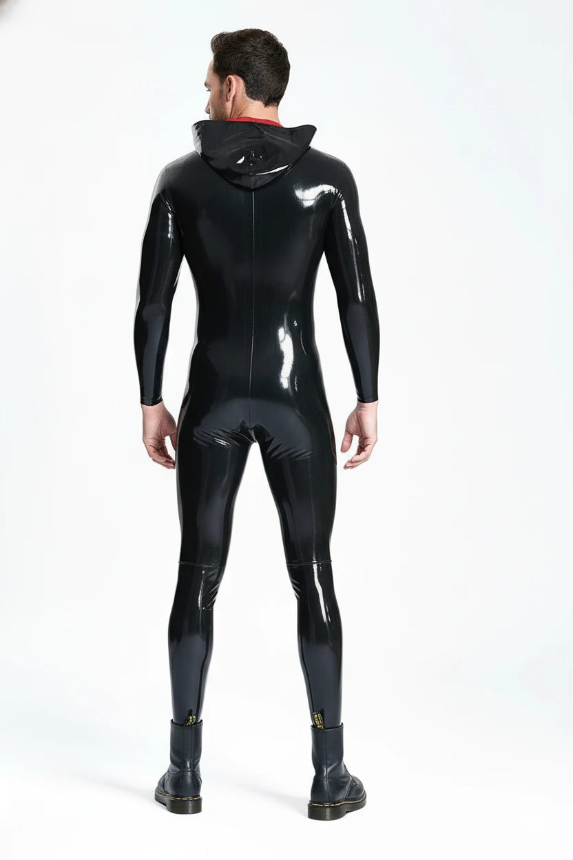 Latex Men’s Hooded Catsuit with Red-Lined Hood – Black