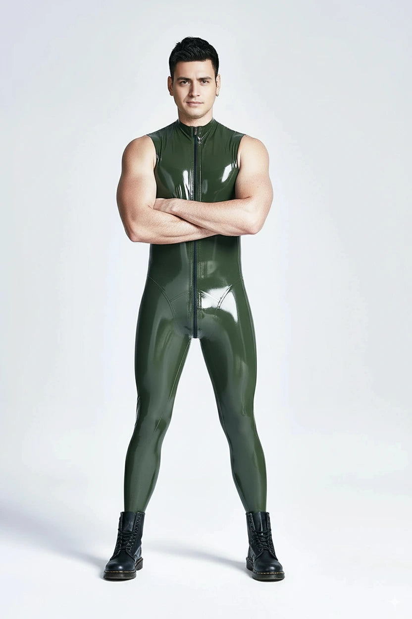Latex Men’s Sleeveless Catsuit with Through-Crotch Front Zip – Olive Green