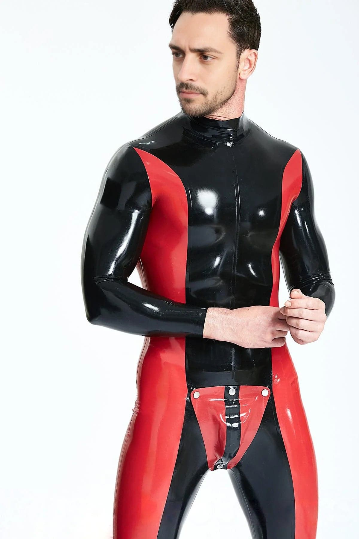 Latex Men’s Catsuit with Side Panels and Studded Codpiece – Black and Red