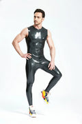 Latex Men’s Sleeveless Catsuit with Round Neck and Contrast Armhole Trim – Metallic Pewter