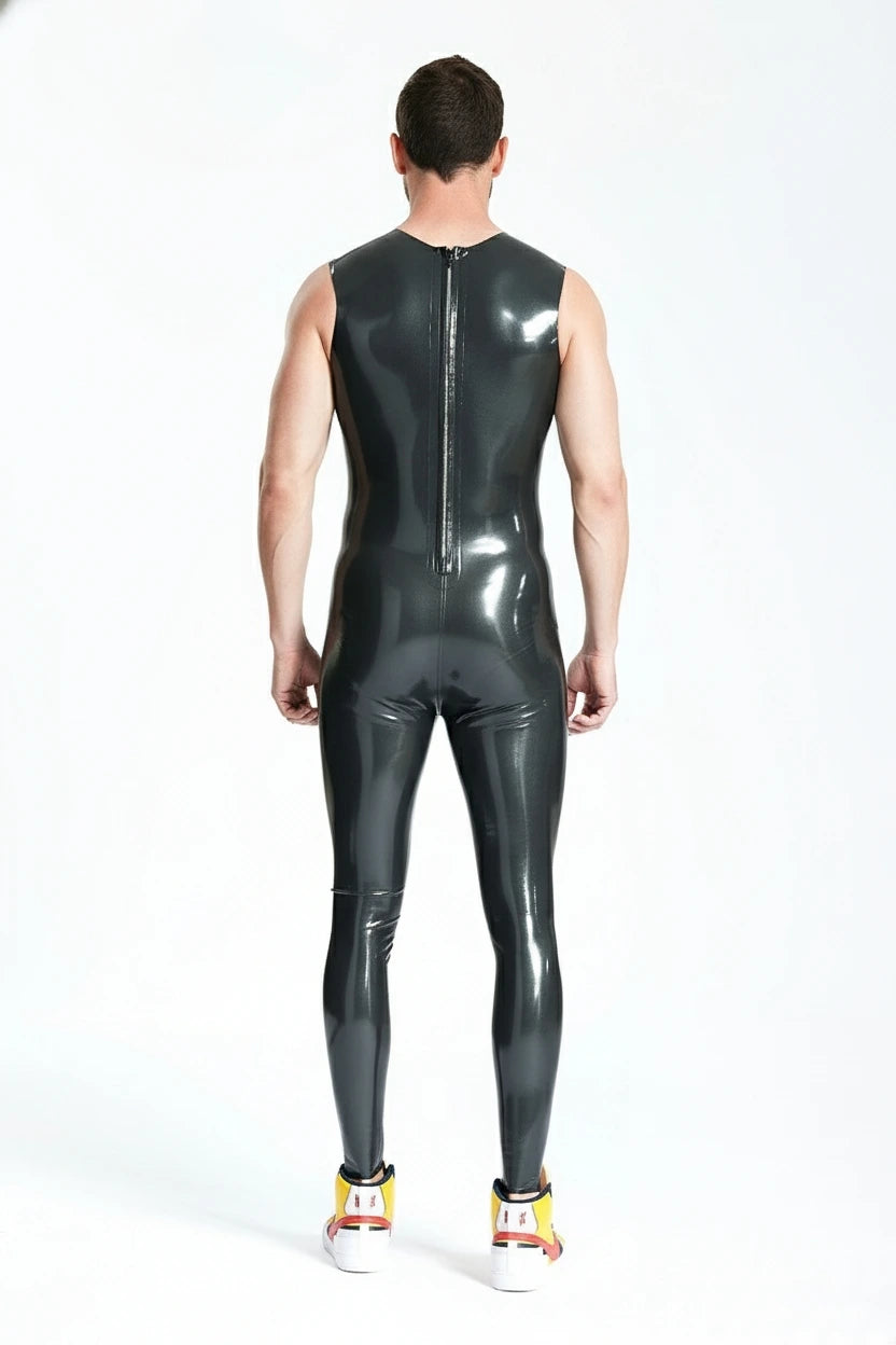 Latex Men’s Sleeveless Catsuit with Round Neck and Contrast Armhole Trim – Metallic Pewter