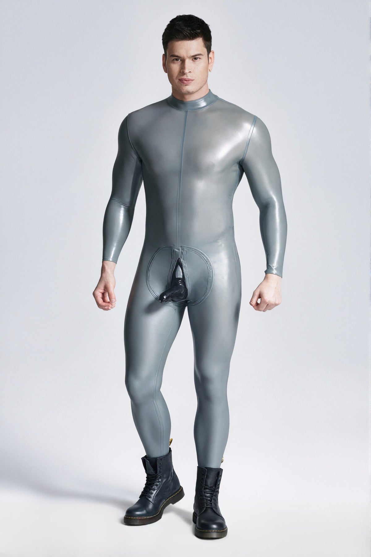 Latex Men’s Catsuit with Attached Penis Sheath and Through-Crotch Zip – Metallic Silver