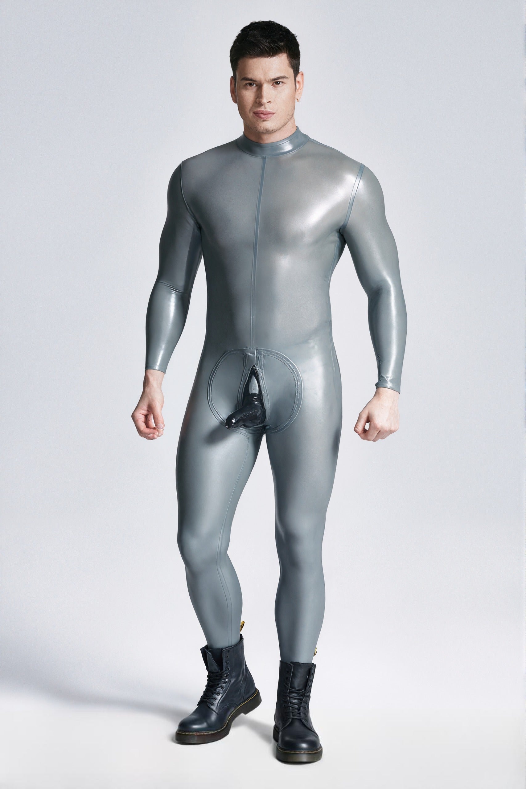 Latex Men’s Catsuit with Attached Penis Sheath and Through-Crotch Zip – Metallic Silver