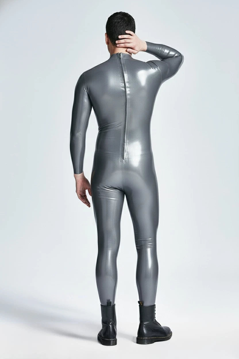Latex Men’s Catsuit with Attached Penis Sheath and Through-Crotch Zip – Metallic Silver