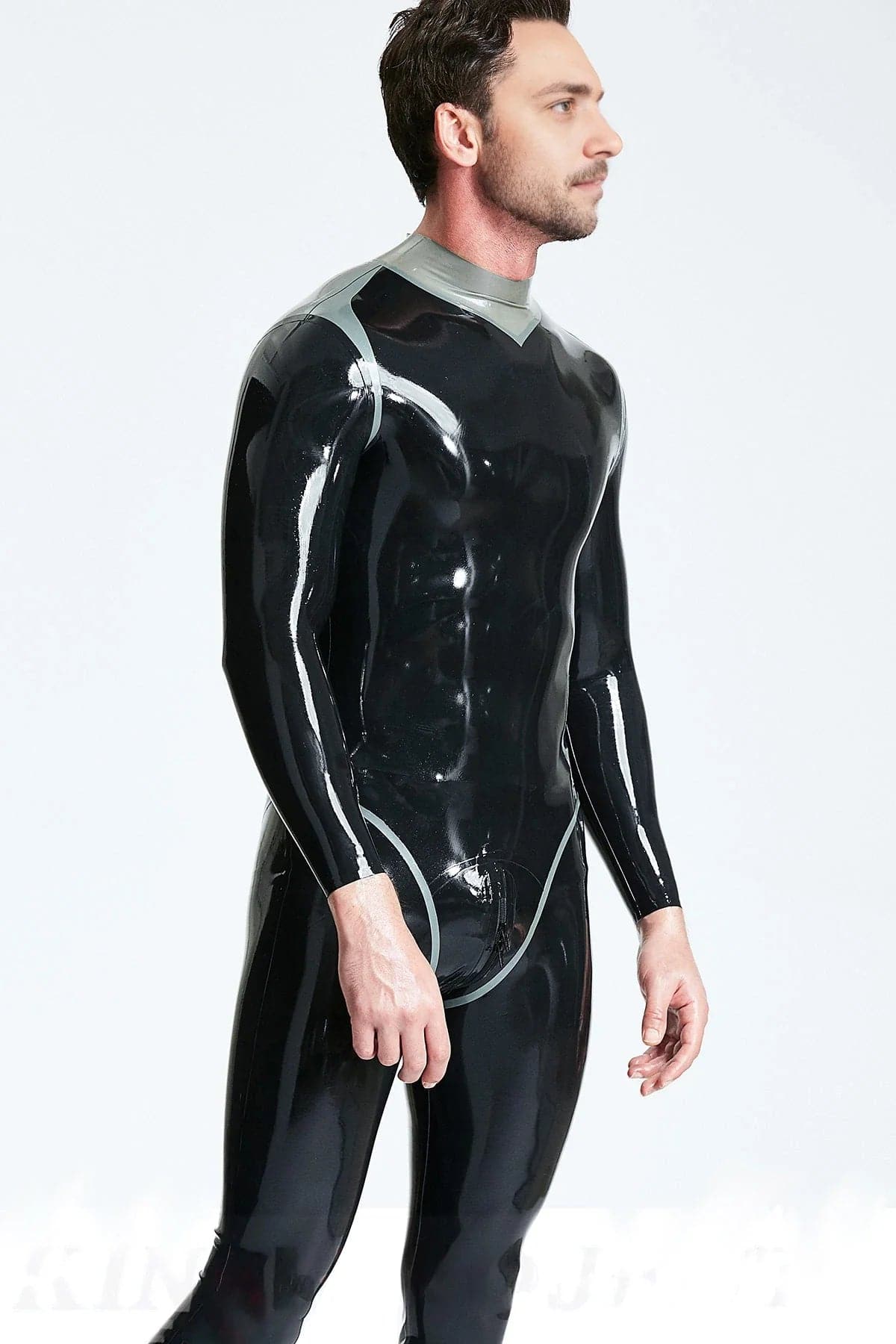 Latex Men’s Catsuit with Metallic Silver Collar and Leotard Seam Trim – Black