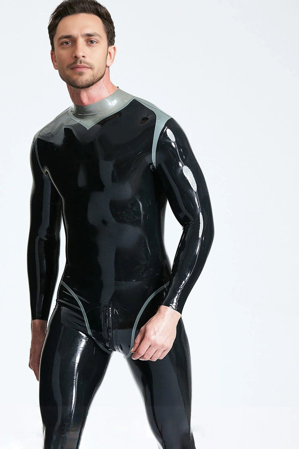 Latex Men’s Catsuit with Metallic Silver Collar and Leotard Seam Trim – Black