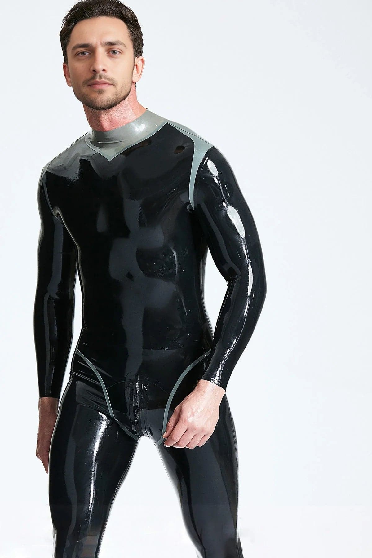 Latex Men’s Catsuit with Metallic Silver Collar and Leotard Seam Trim – Black