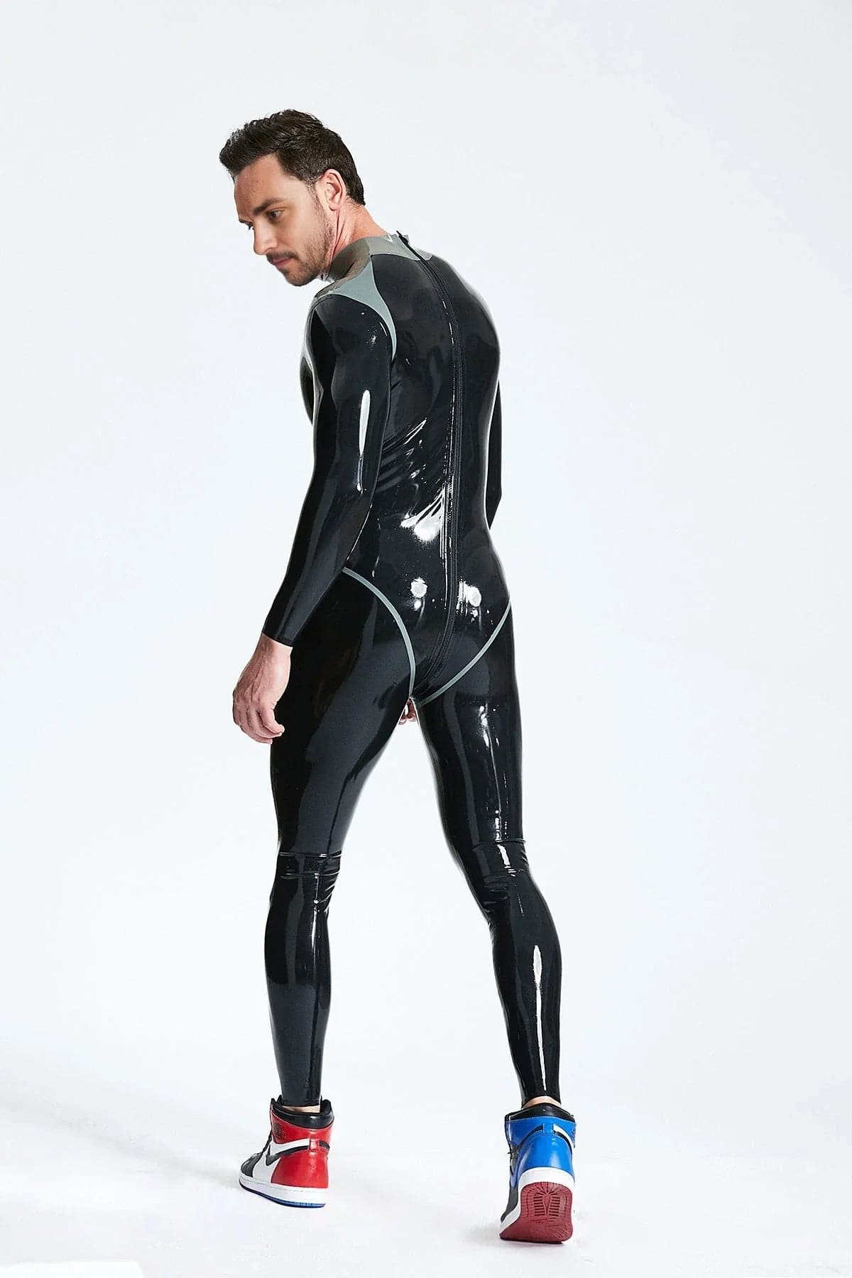 Latex Men’s Catsuit with Metallic Silver Collar and Leotard Seam Trim – Black
