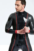 Latex Men’s Catsuit with Contrast Side Panels, Stripe Dividers and Wrist Cuffs – Black, Pewter, Red and White