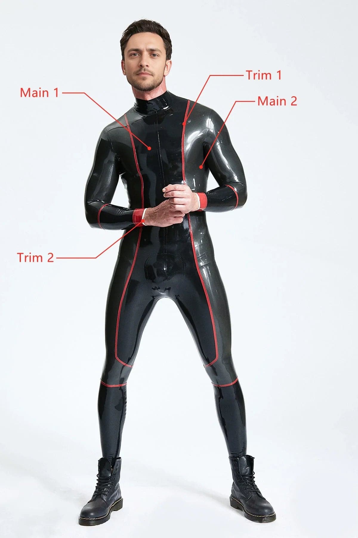 Latex Men’s Catsuit with Contrast Side Panels, Stripe Dividers and Wrist Cuffs – Black, Pewter, Red and White