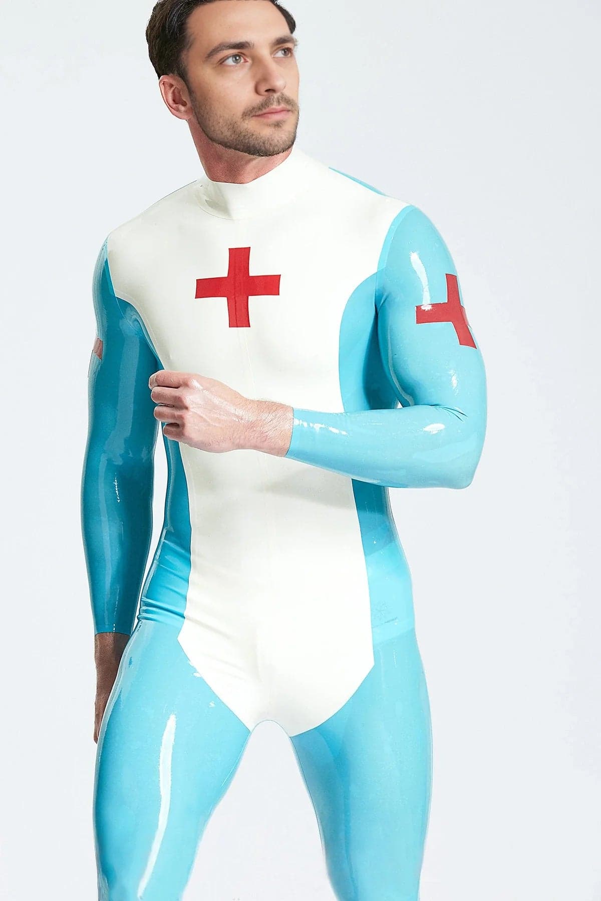 Latex Men’s Medic Catsuit with Red Cross Detail – White and Light Blue