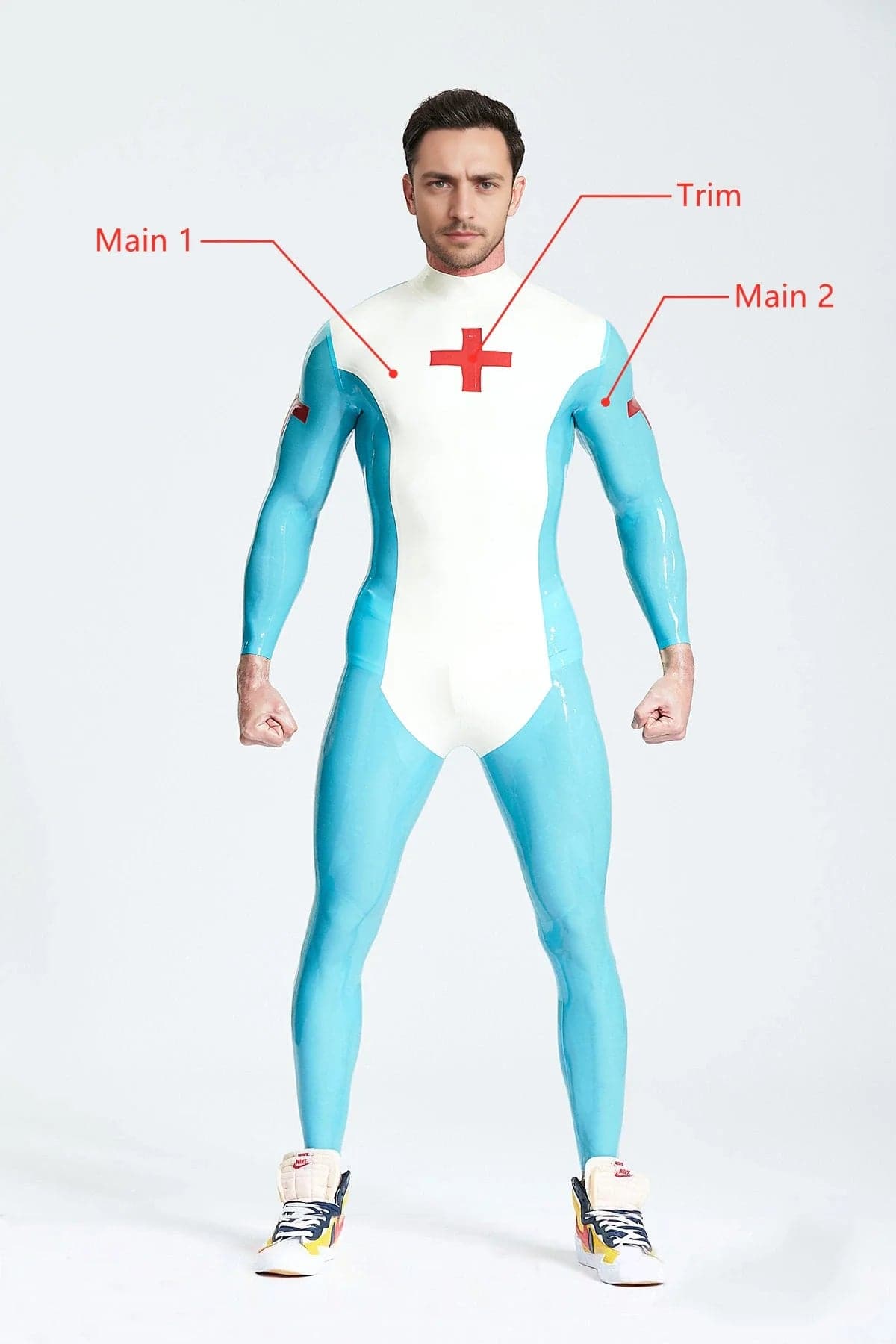 Latex Men’s Medic Catsuit with Red Cross Detail – White and Light Blue