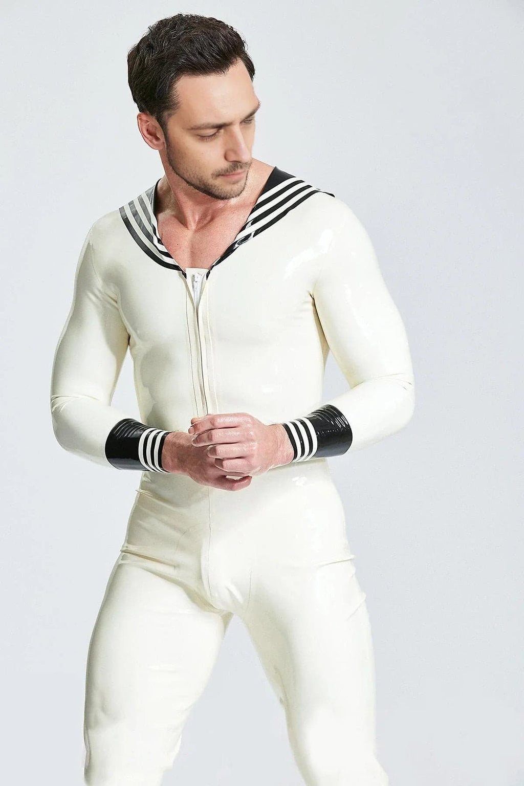 Latex Men’s Sailor Jumpsuit with Flap Collar and Striped Cuffs – White and Black