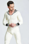 Latex Men’s Sailor Jumpsuit with Flap Collar and Striped Cuffs – White and Black
