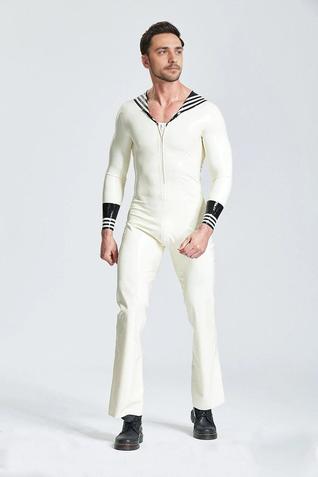 Latex Men’s Sailor Jumpsuit with Flap Collar and Striped Cuffs – White and Black