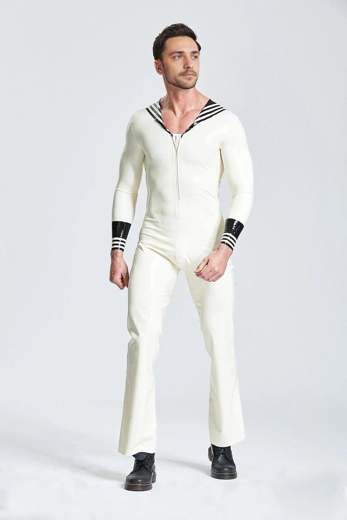 Latex Men’s Sailor Jumpsuit with Flap Collar and Striped Cuffs – White and Black