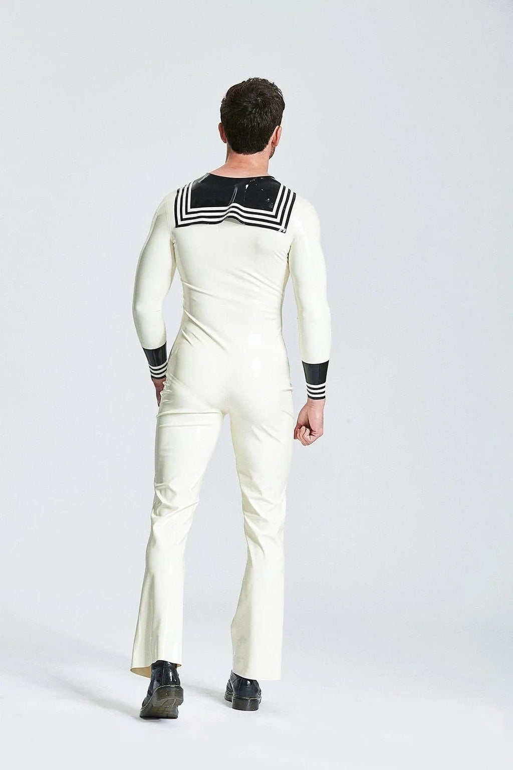 Latex Men’s Sailor Jumpsuit with Flap Collar and Striped Cuffs – White and Black