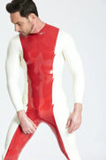 Latex Men’s Catsuit with Jagged-Edge Centre Panel – Red and White