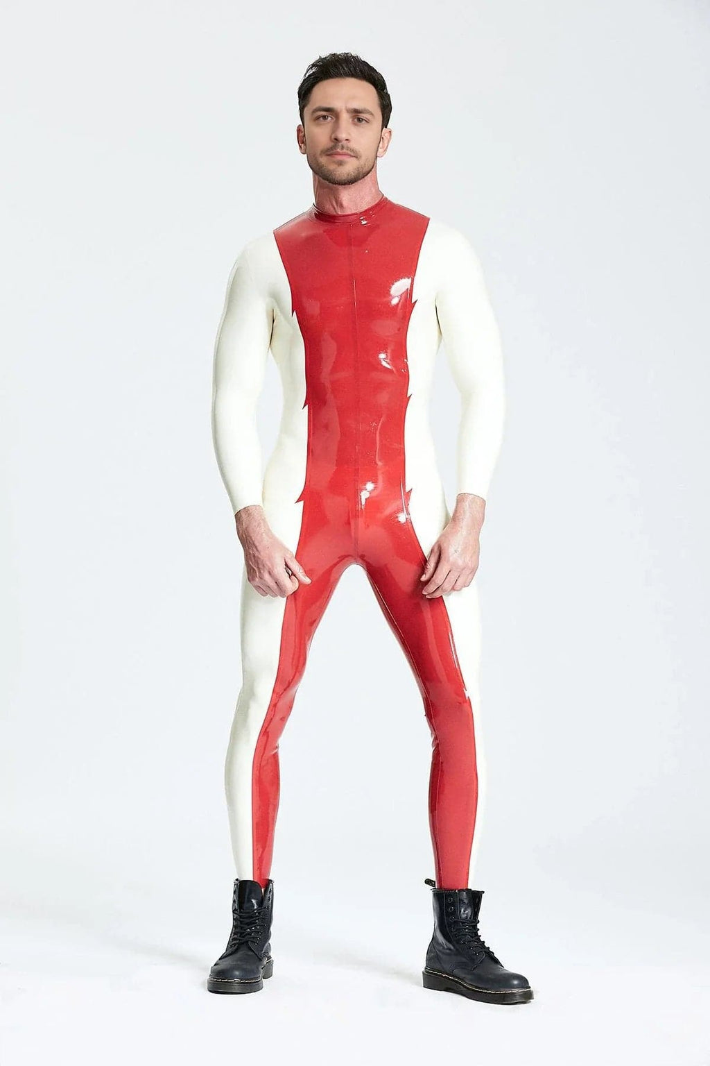 Latex Men’s Catsuit with Jagged-Edge Centre Panel – Red and White