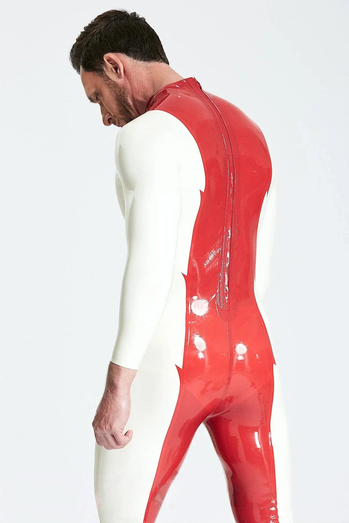 Latex Men’s Catsuit with Jagged-Edge Centre Panel – Red and White