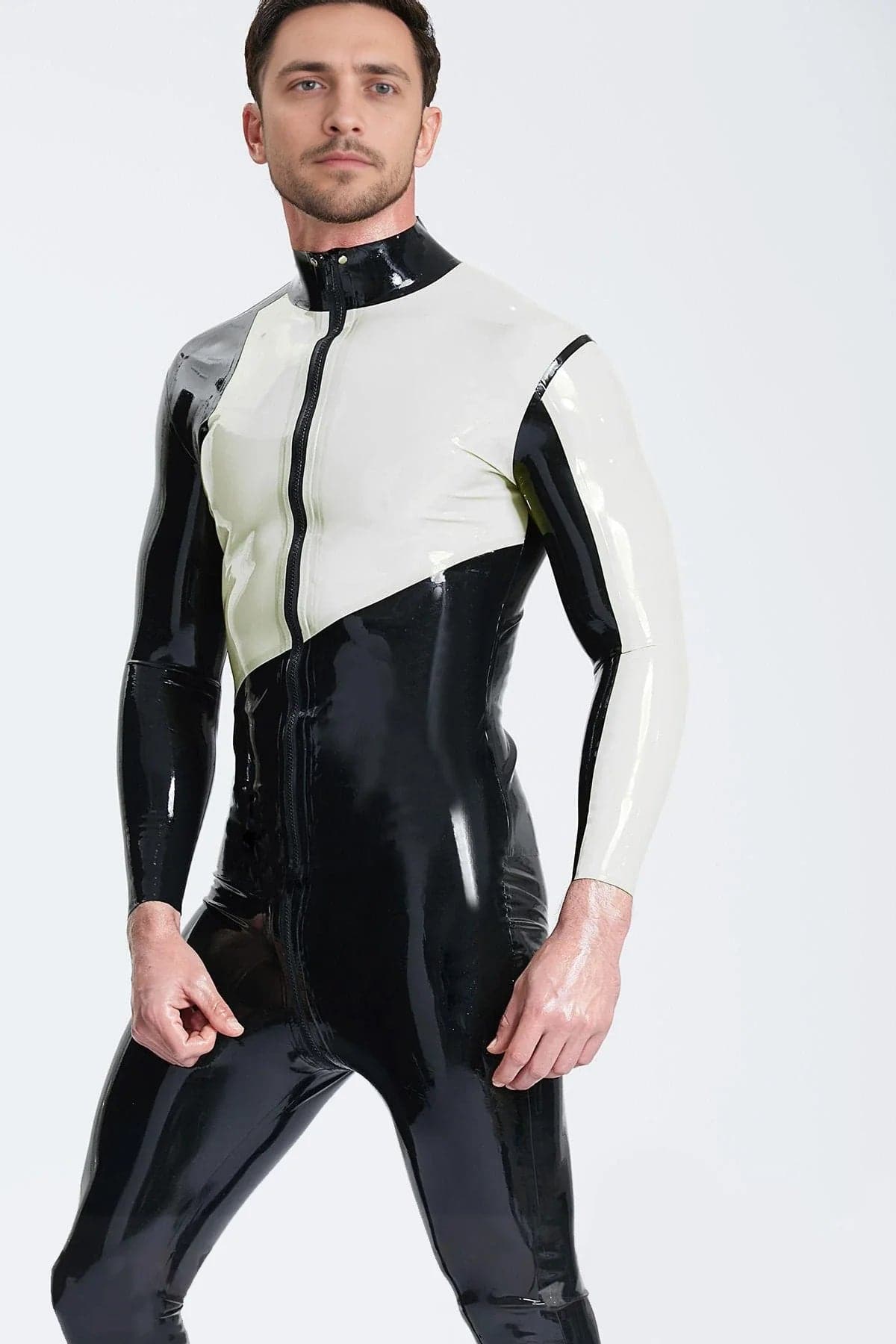 Latex Men’s Asymmetric Catsuit with Contrast Chest Panel – Black and White