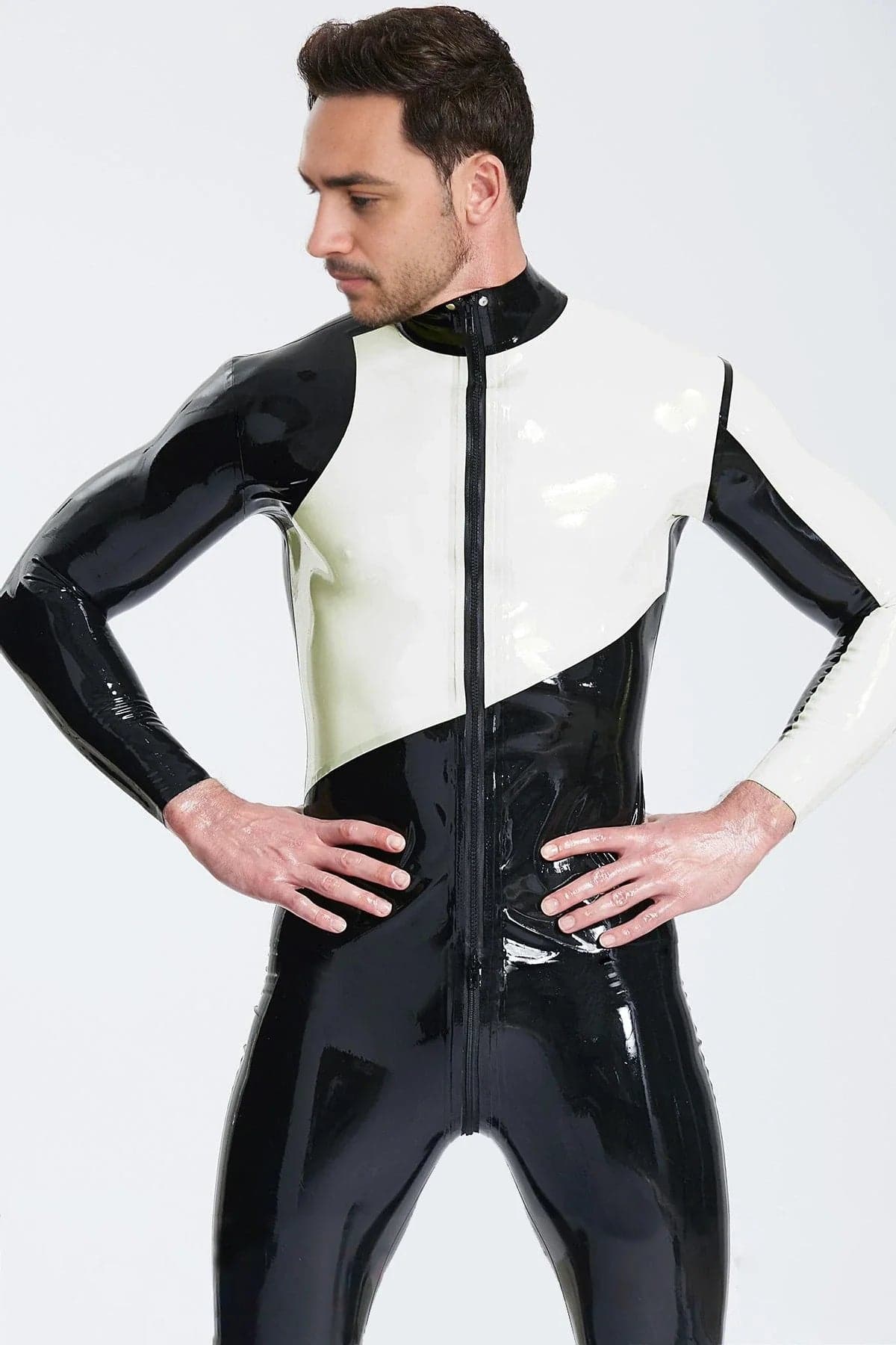 Latex Men’s Asymmetric Catsuit with Contrast Chest Panel – Black and White