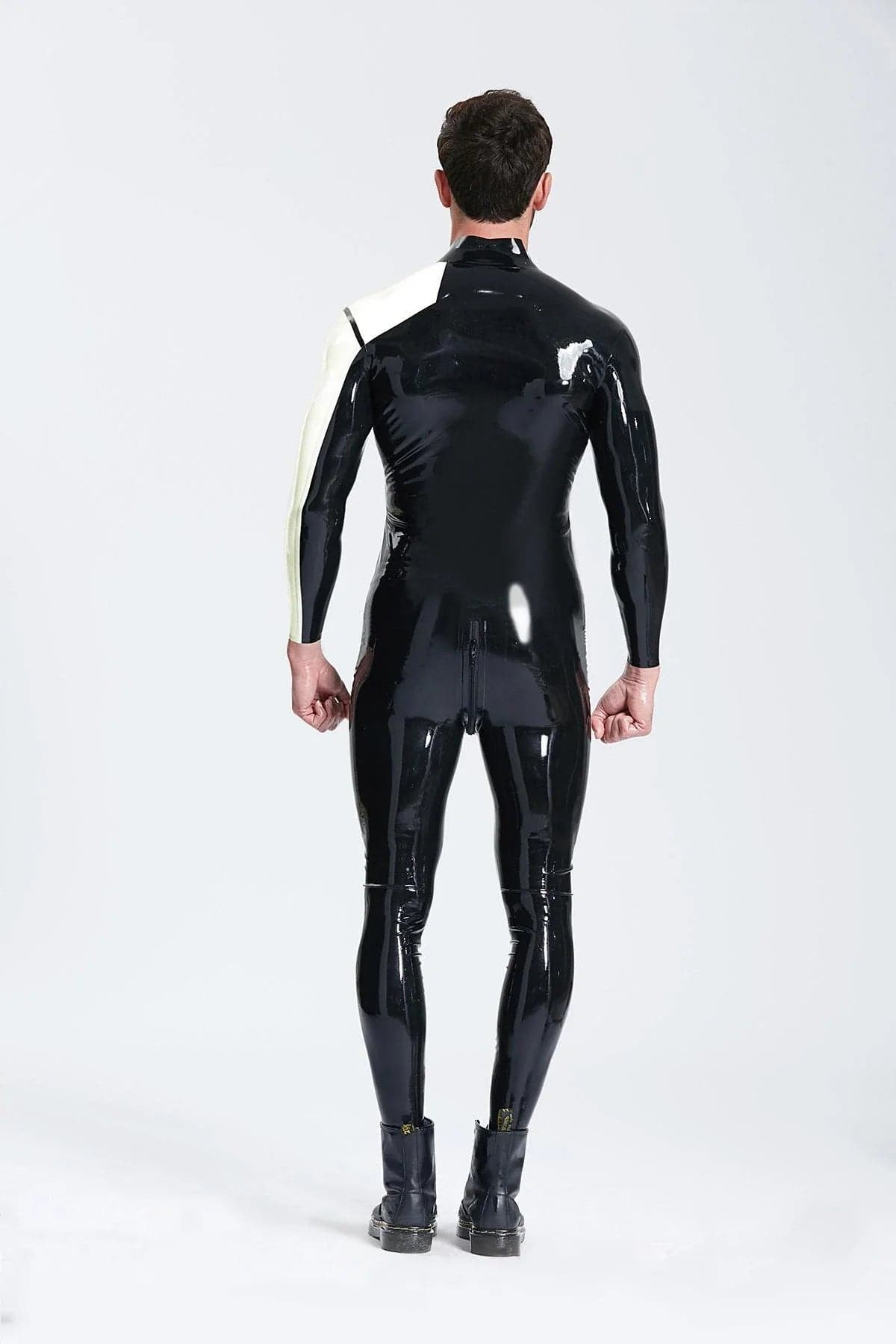 Latex Men’s Asymmetric Catsuit with Contrast Chest Panel – Black and White
