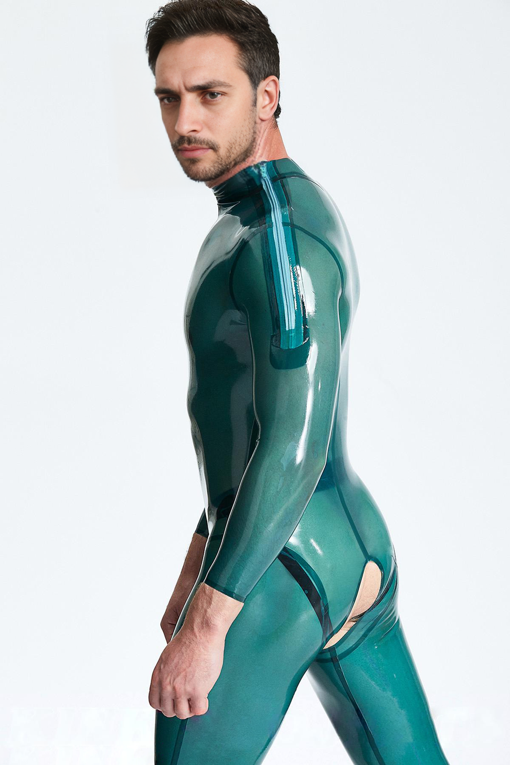 Latex Men’s Open-Crotch Catsuit with Shoulder Zippers – Translucent Blue