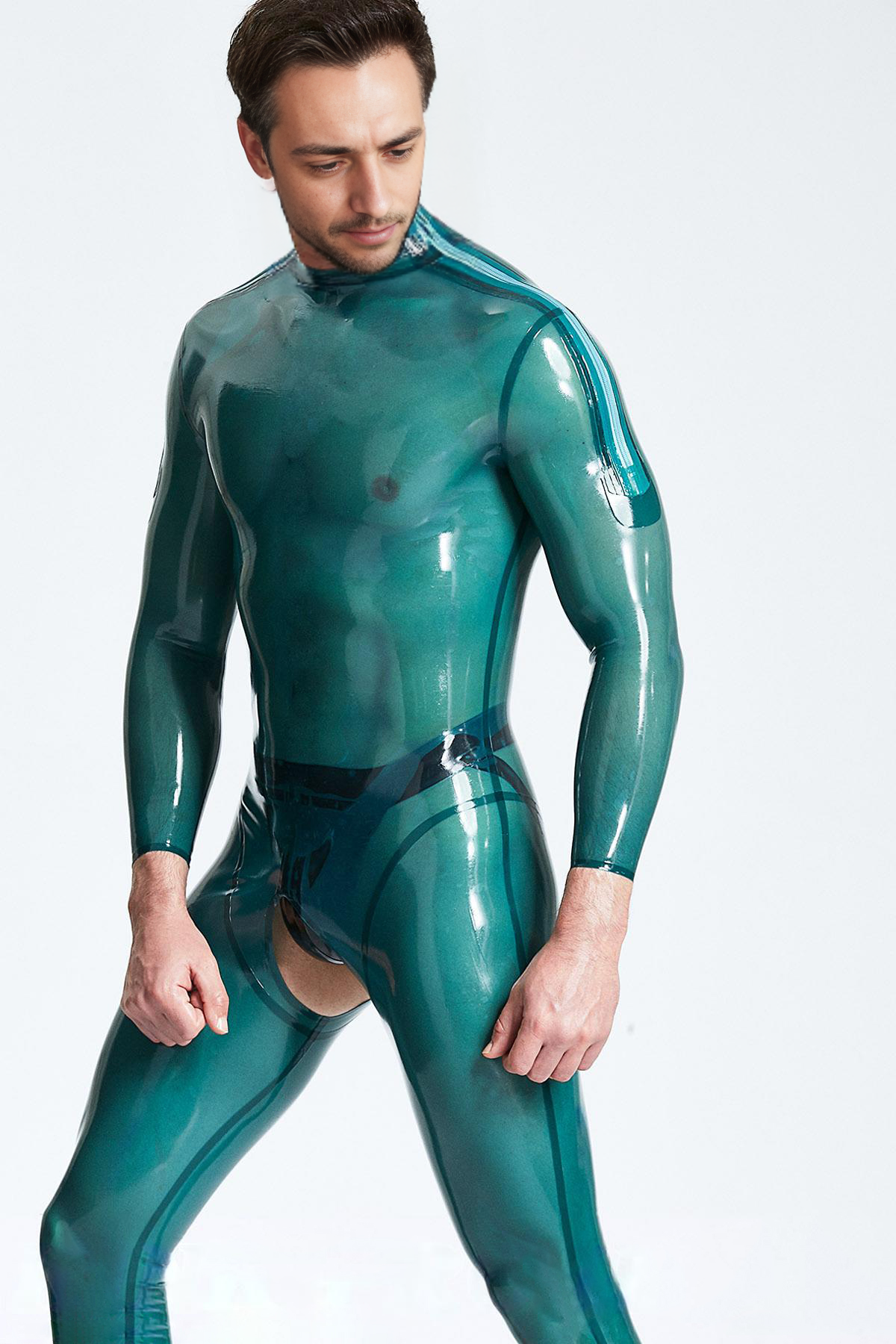 Latex Men’s Open-Crotch Catsuit with Shoulder Zippers – Translucent Blue