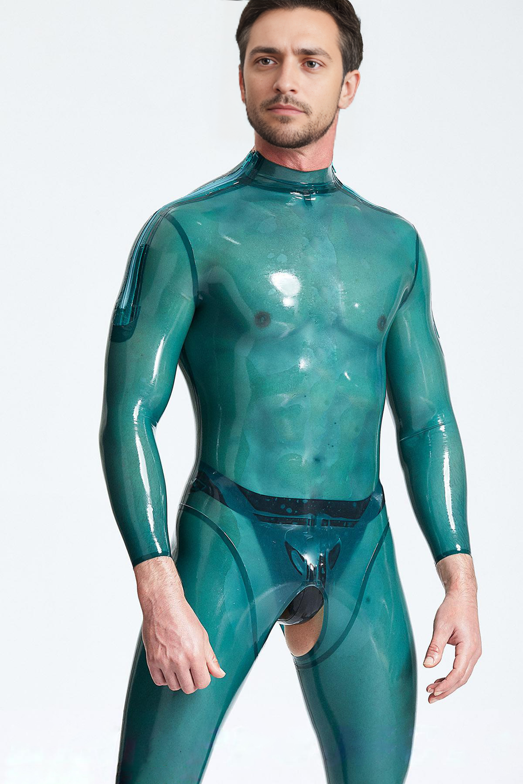 Latex Men’s Open-Crotch Catsuit with Shoulder Zippers – Translucent Blue
