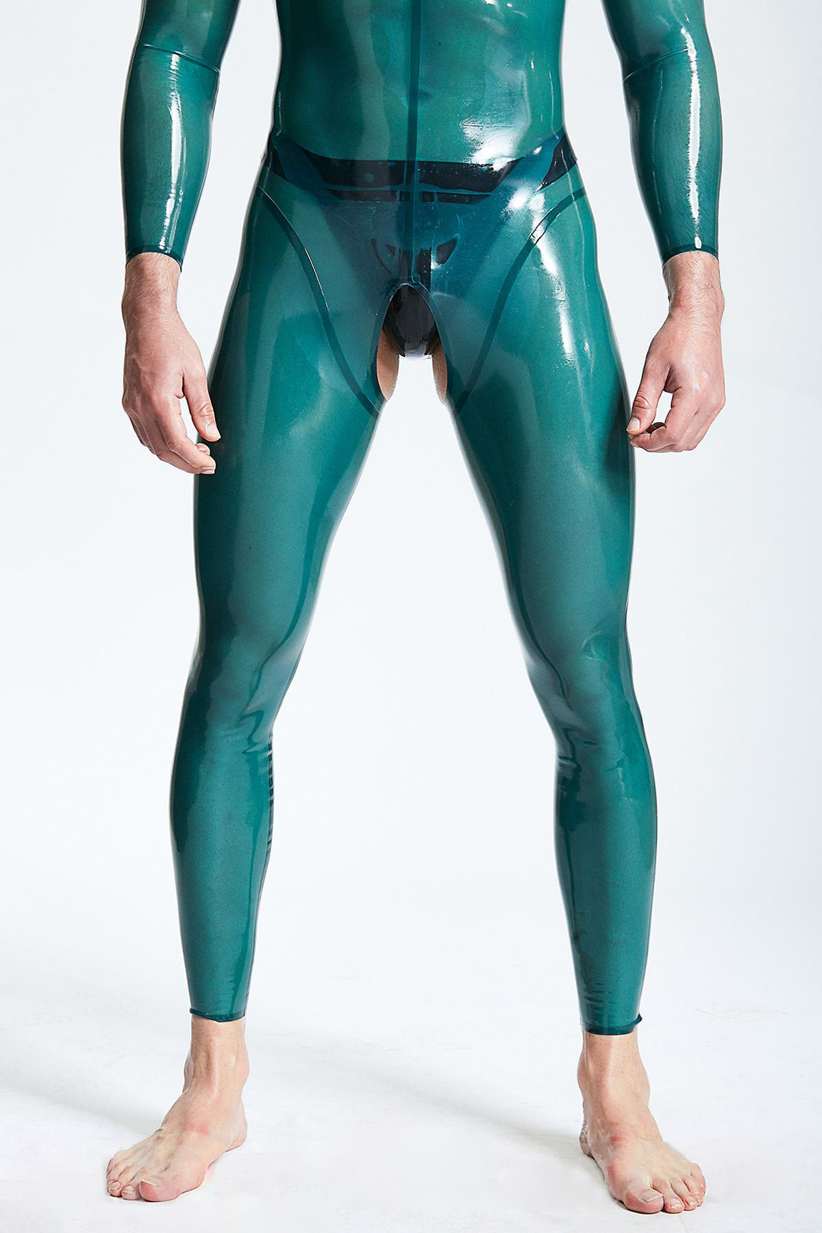 Latex Men’s Open-Crotch Catsuit with Shoulder Zippers – Translucent Blue