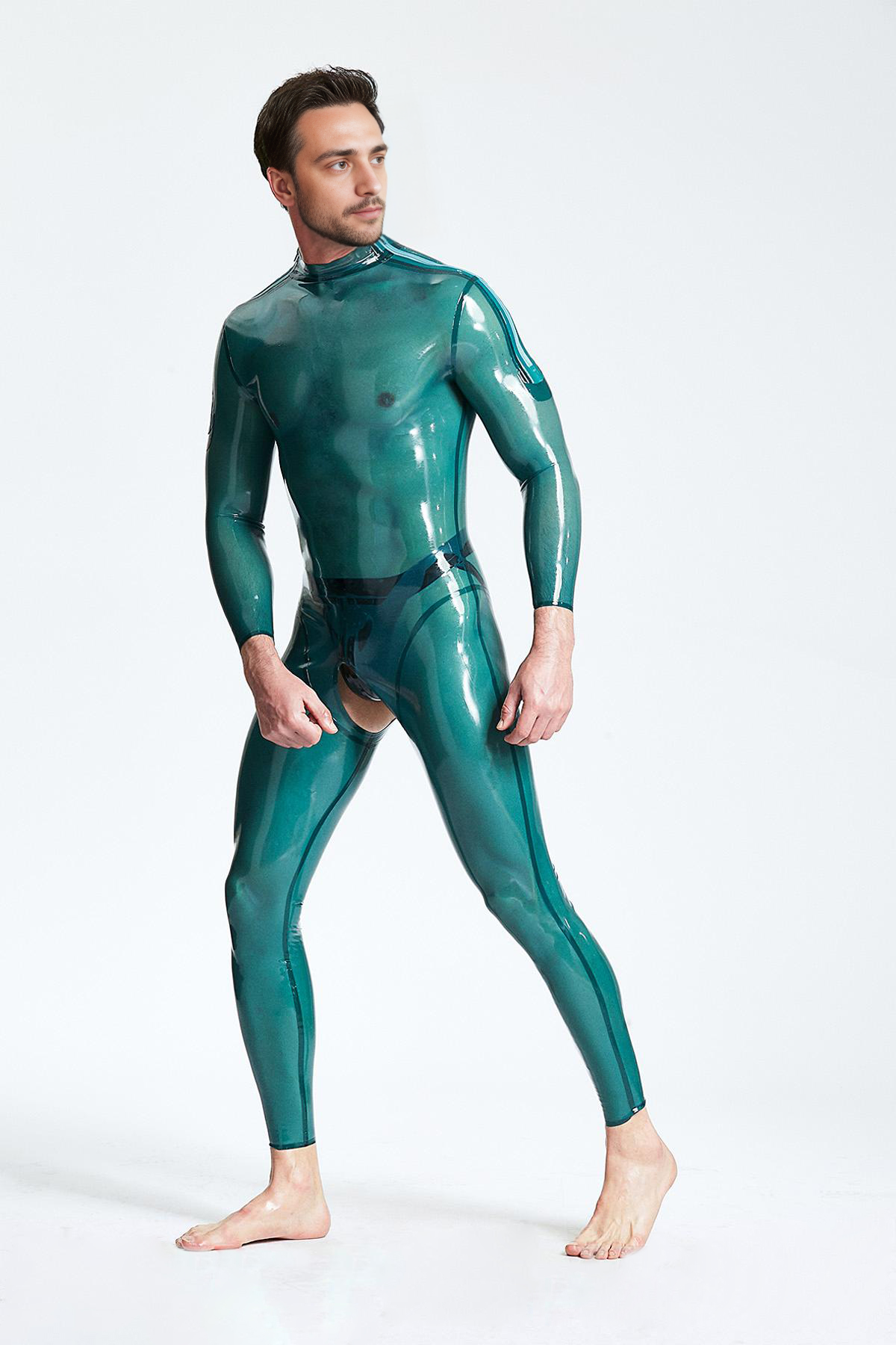 Latex Men’s Open-Crotch Catsuit with Shoulder Zippers – Translucent Blue