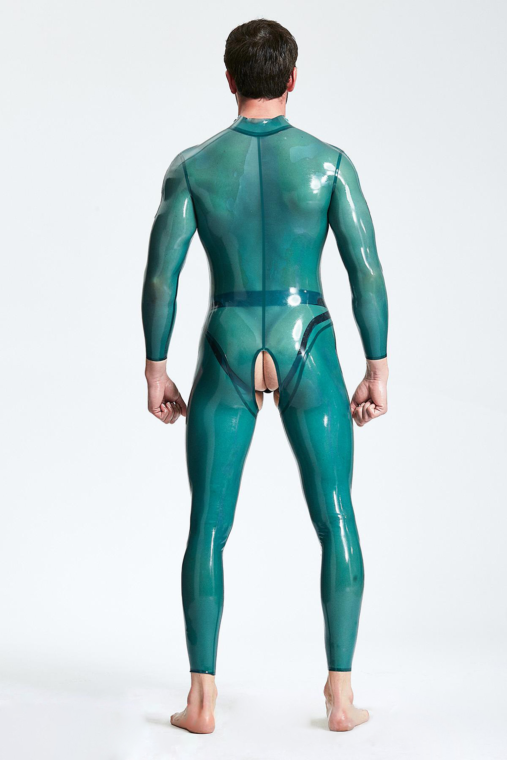 Latex Men’s Open-Crotch Catsuit with Shoulder Zippers – Translucent Blue