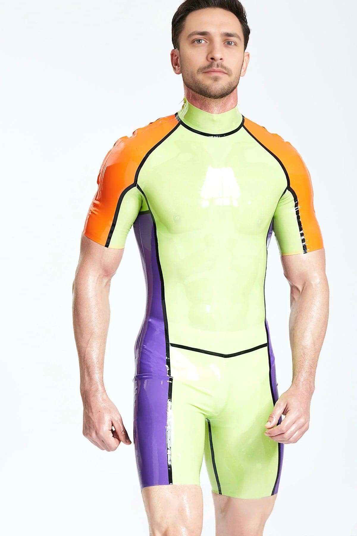 Latex Men’s Multicolour Surfsuit with Shoulder Zippers – Green, Orange and Purple