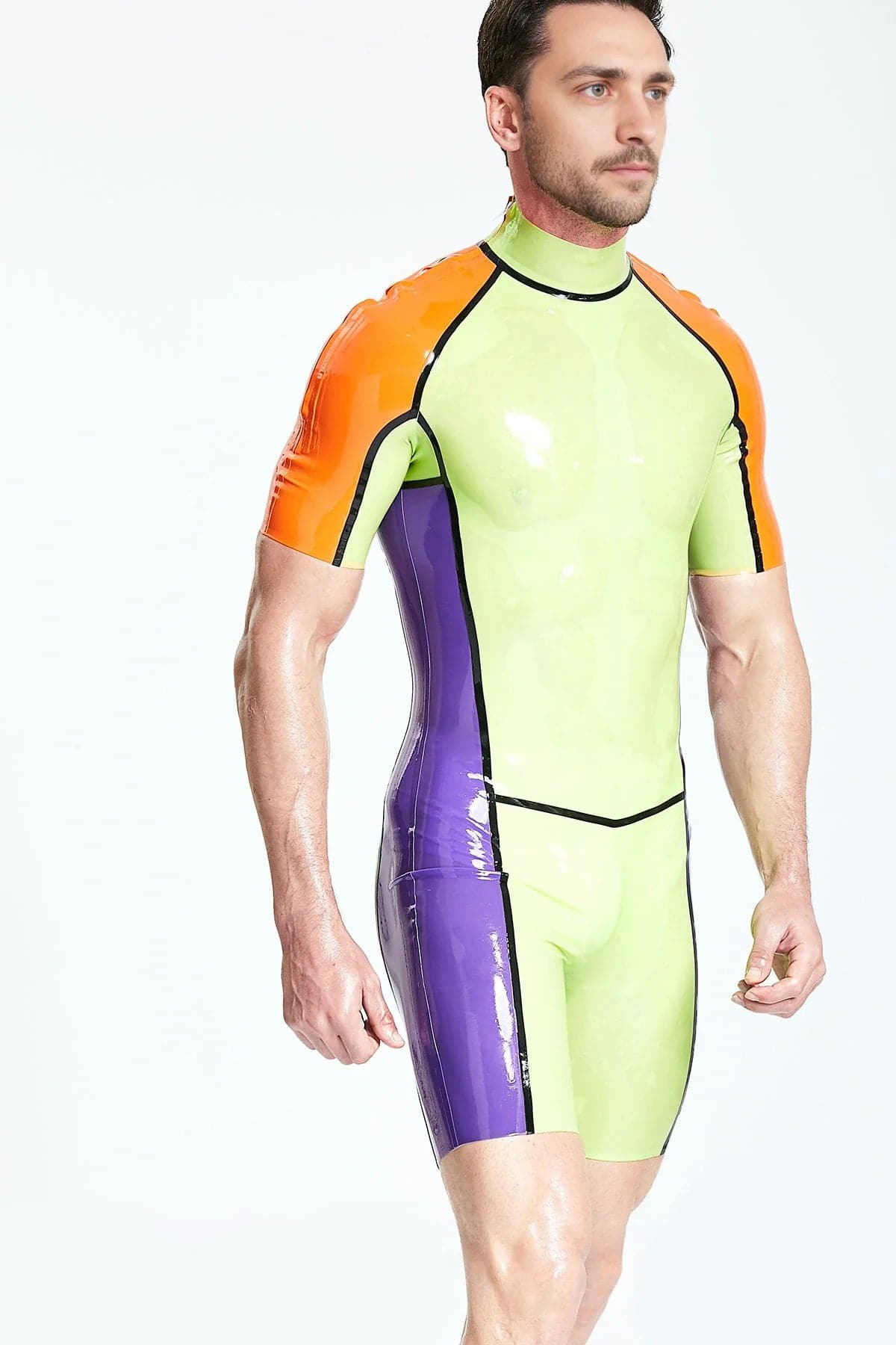 Latex Men’s Multicolour Surfsuit with Shoulder Zippers – Green, Orange and Purple