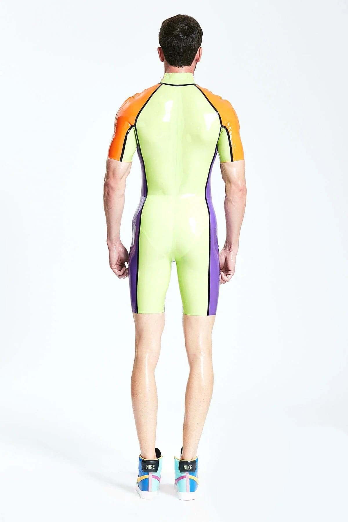 Latex Men’s Multicolour Surfsuit with Shoulder Zippers – Green, Orange and Purple