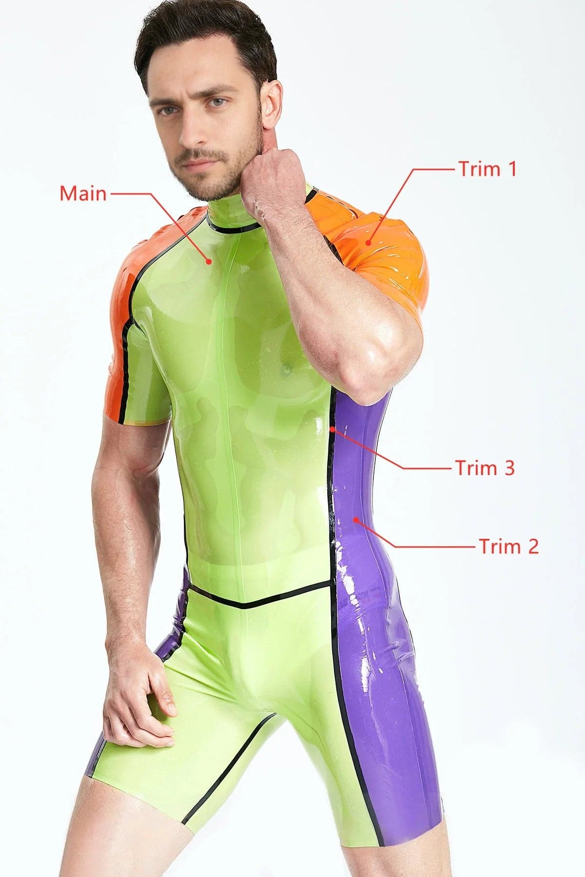 Latex Men’s Multicolour Surfsuit with Shoulder Zippers – Green, Orange and Purple