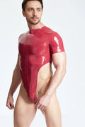 Latex Men’s High-Cut Thong Bodysuit with Short Sleeves – Metallic Red
