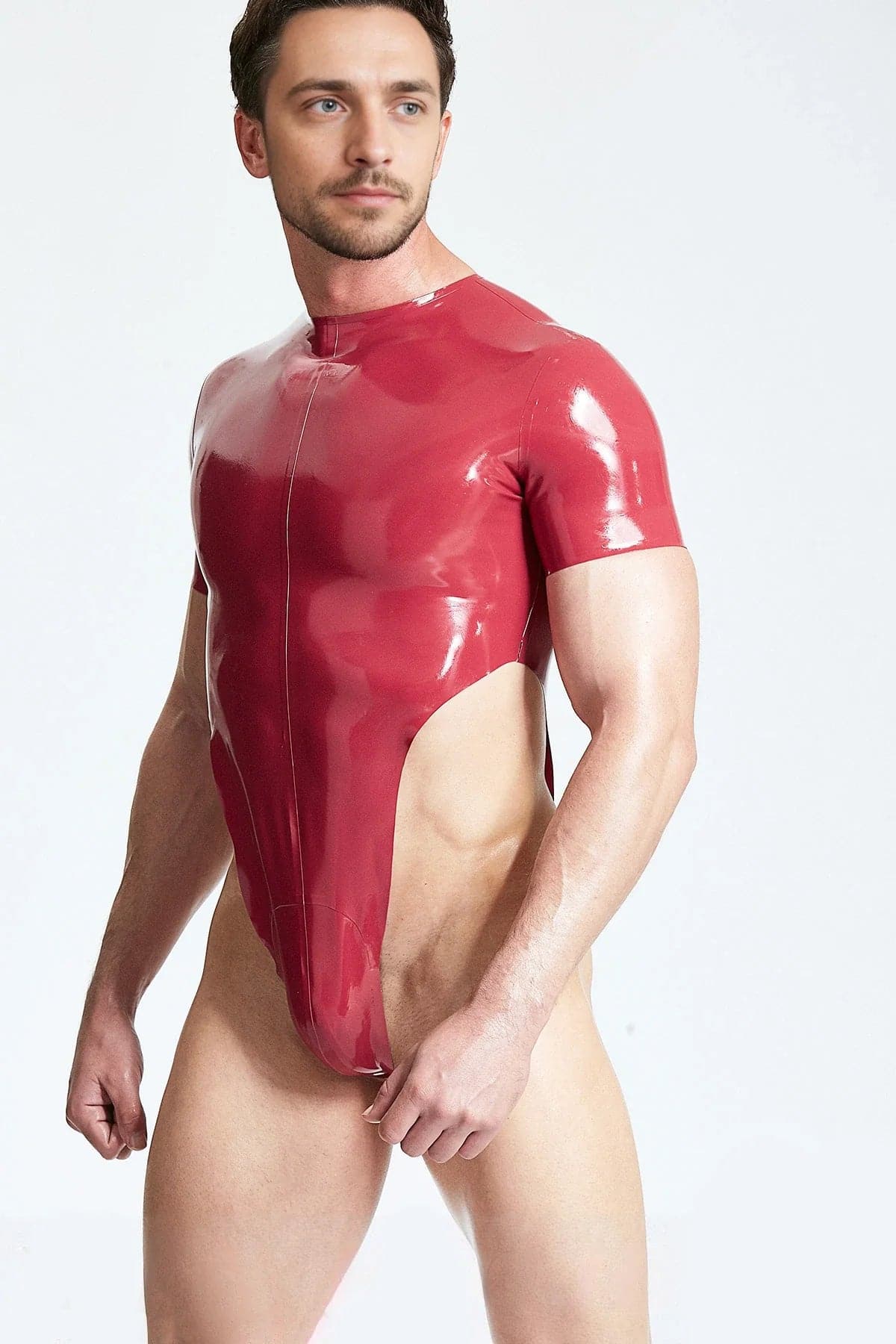 Latex Men’s High-Cut Thong Bodysuit with Short Sleeves – Metallic Red