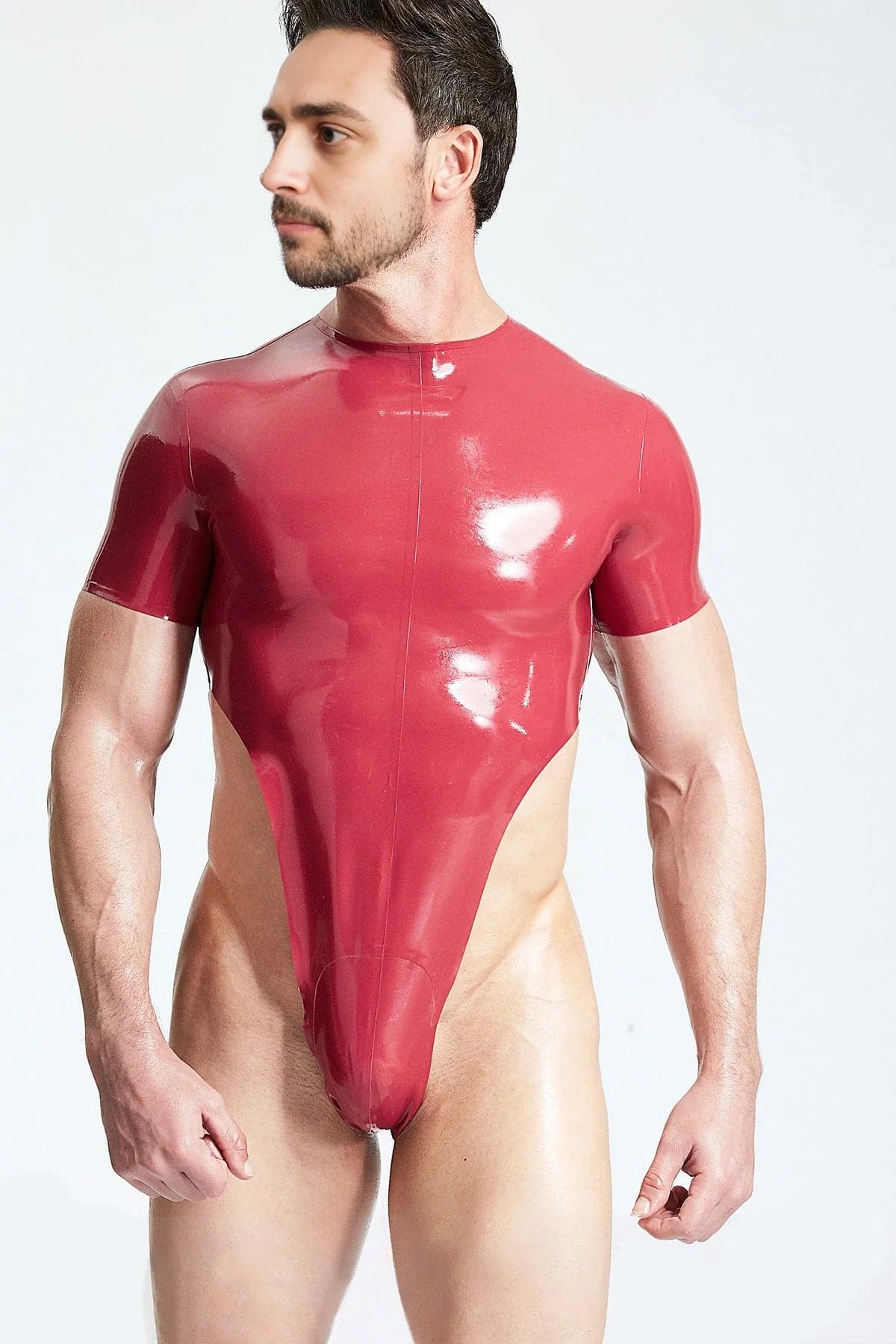 Latex Men’s High-Cut Thong Bodysuit with Short Sleeves – Metallic Red