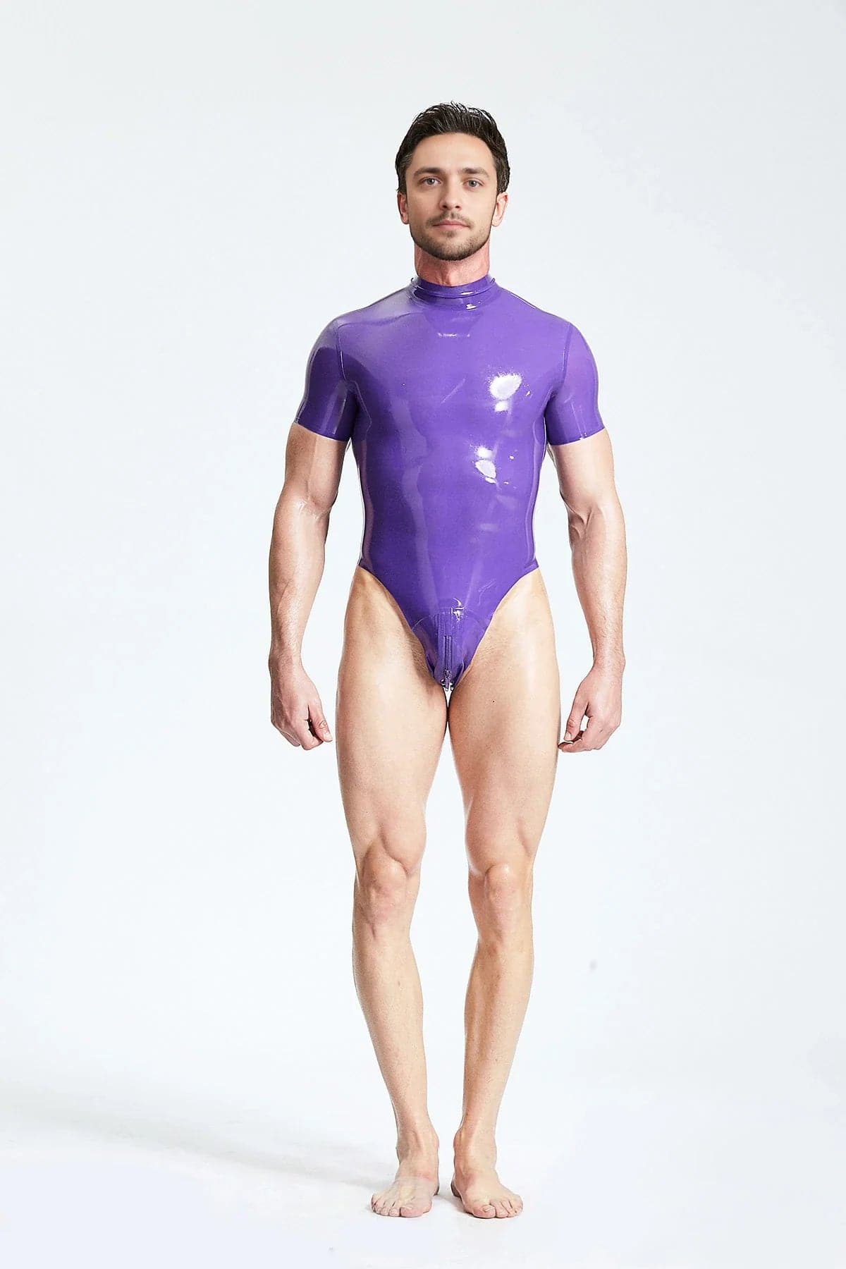 Latex Men’s High-Cut Leotard with Short Sleeves – Purple