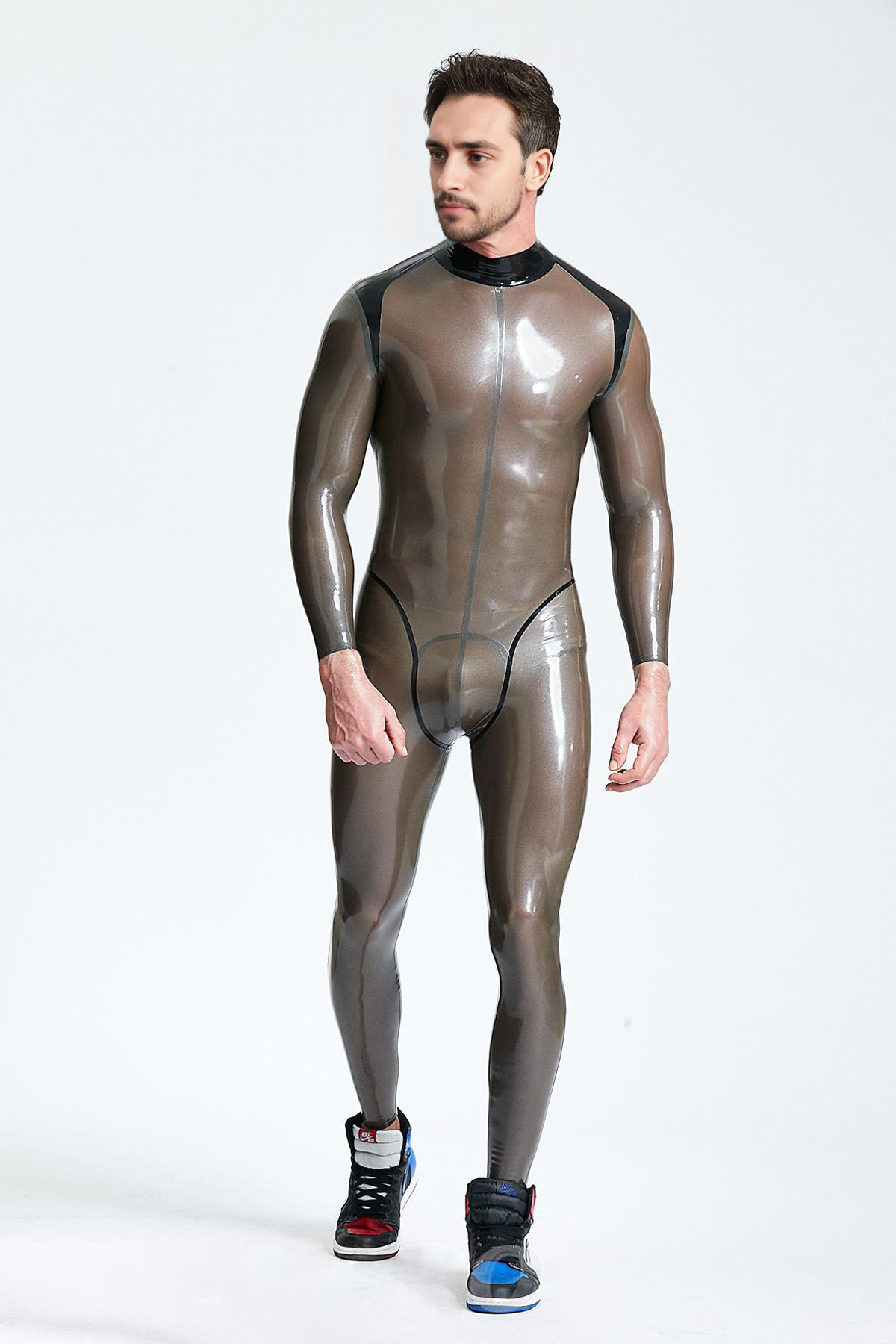 Latex Men’s Catsuit with Epaulettes and Black Trim – Metallic Platinum