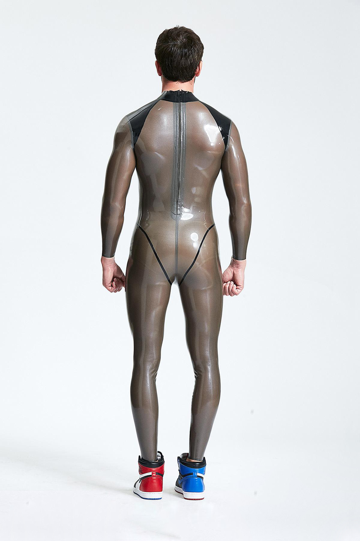 Latex Men’s Catsuit with Epaulettes and Black Trim – Metallic Platinum