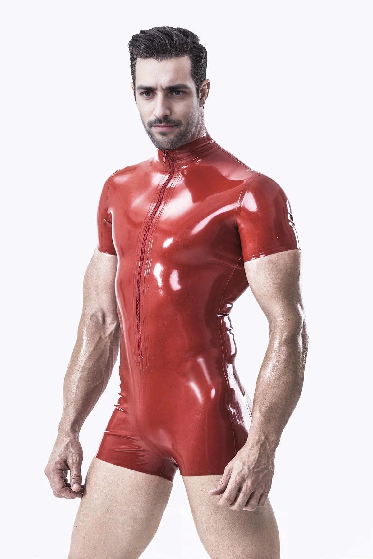 Latex Men’s Short-Sleeve Romper with Open Bum – Red
