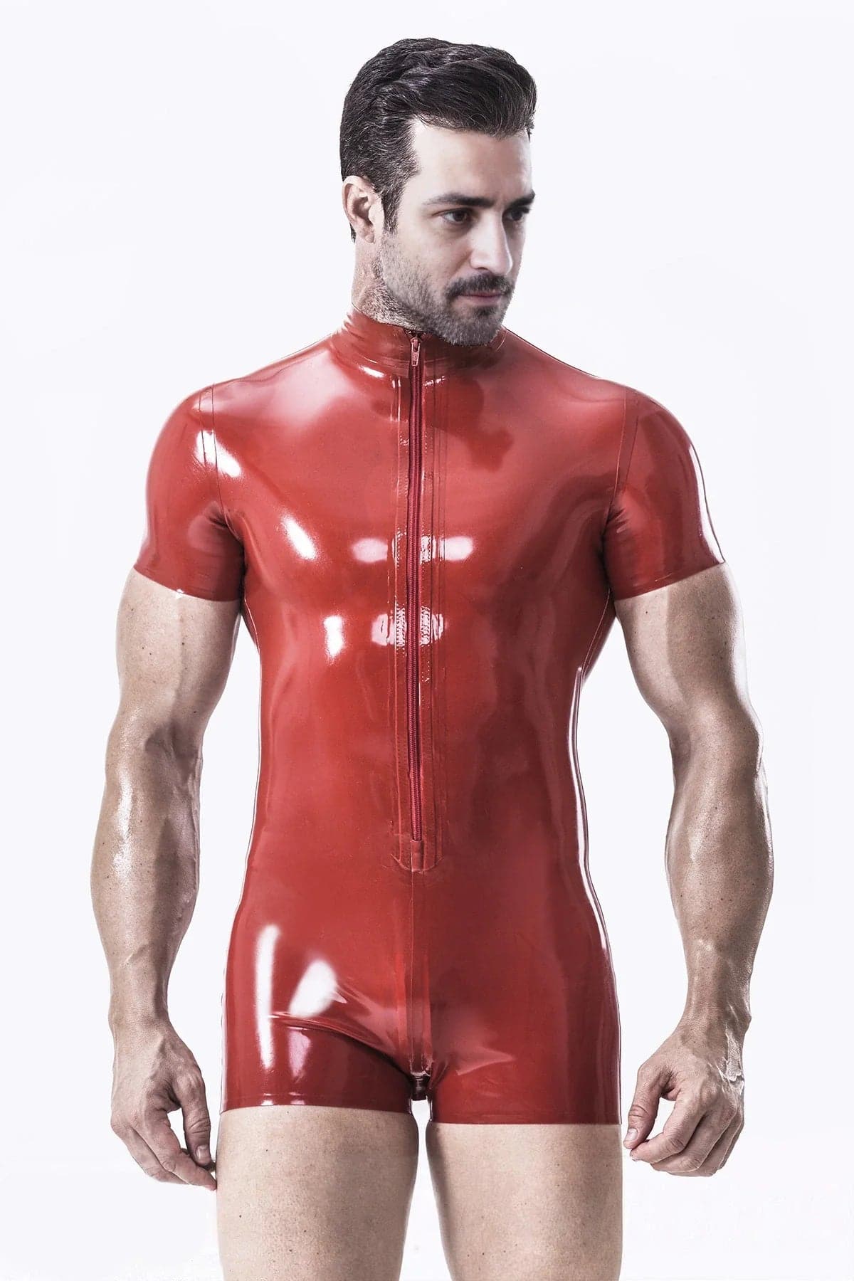 Latex Men’s Short-Sleeve Romper with Open Bum – Red