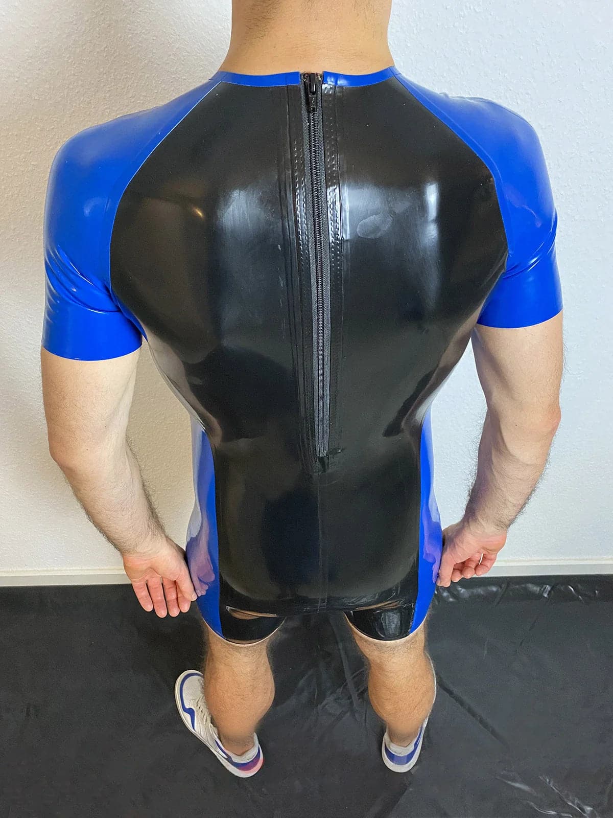 Latex Men’s Two-Tone Surfsuit with Codpiece and Stud Fasteners – Black and Royal Blue