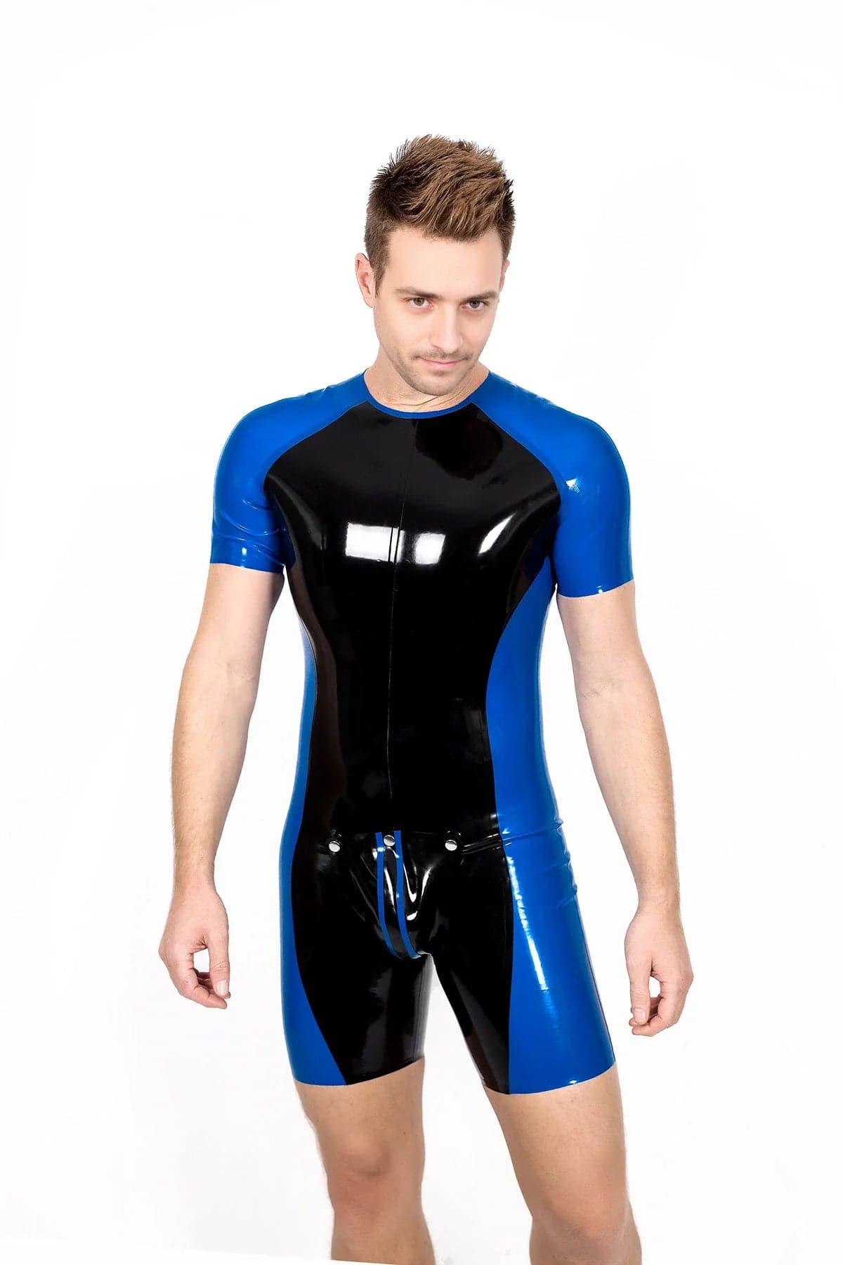 Latex Men’s Two-Tone Surfsuit with Codpiece and Stud Fasteners – Black and Royal Blue